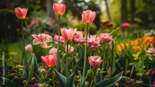 Blooming pink tulip flowers in late spring