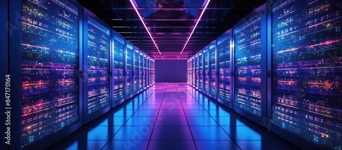 Data Center With Several Rows of Server Racks with purple neon lights