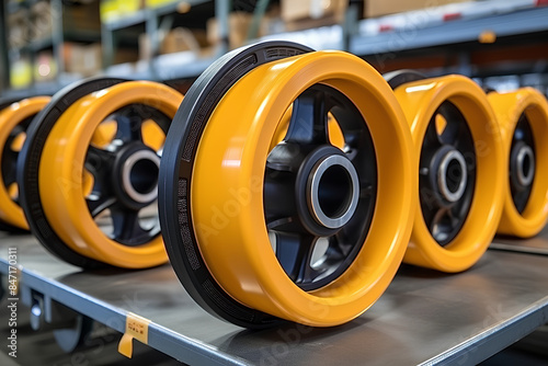 Poly urethane wheel for heavy load cart. Industrial transport equipment component. ABS and PVS precision wheel production by injection process