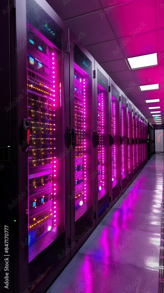 Fototapeta premium A row of computer servers with pink lights