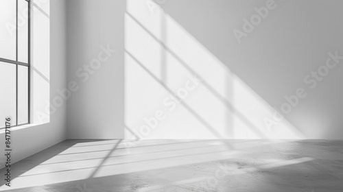 Empty white spacious room or bright studio with sunlight and shadows of window. Light reflection on wall and floor in modern minimalistic interior