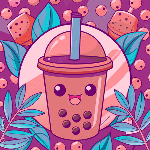 Bubble tea cup design, Milk tea, yummy drinks, coffees and soft drink doodle style, AI Generative