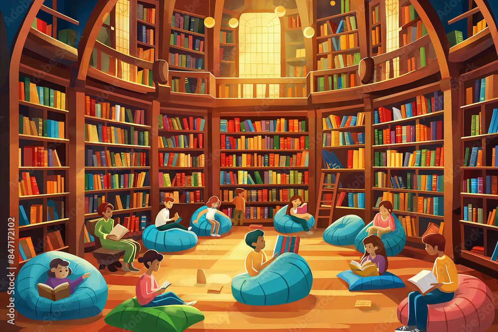 An imaginative clipart of a library scene, with students reading books ...