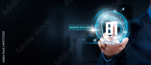 Obraz na plátně BI Analytics, Insights: Businessman Touching Business Intelligence and Global Network