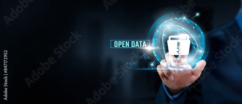 Fotografie Open Data, Accessibility: Businessman Touching Open Data Icon and Global Network