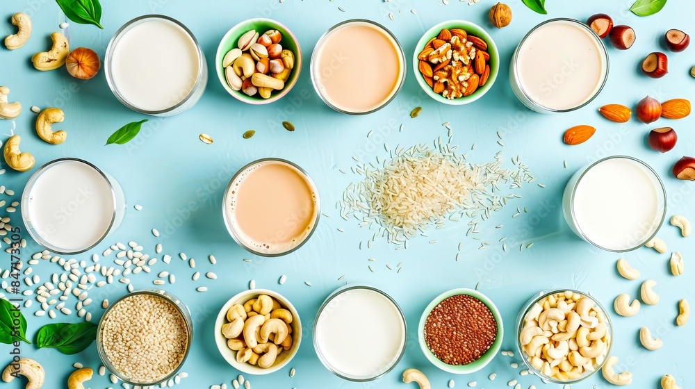 A variety of plant-based milks and nuts displayed on a blue background. The image showcases different types of non-dairy milk suitable for vegan diets. Perfect for dietary and nutritional concepts. AI A variety of plant-based milks and nuts displayed on a blue background. The image showcases different types of non-dairy milk suitable for vegan diets. Perfect for dietary and nutritional concepts. AI