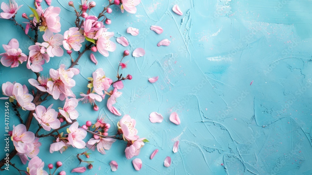 Pink spring blossoms on blue backdrop Pink spring blossoms on blue backdrop