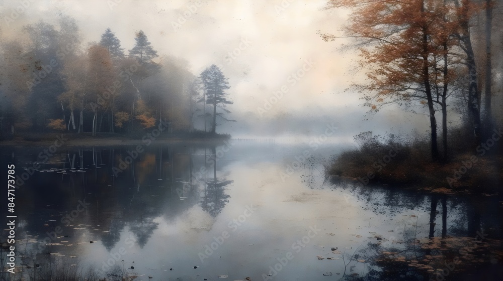 Obraz premium A painting of a lake with trees in the background