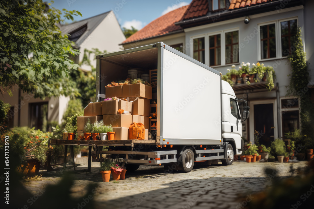 truck and boxes near the house, unloading and moving to another house truck and boxes near the house, unloading and moving to another house