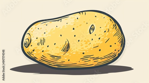 A simple illustration of a potato. The potato is yellow and has a few blemishes. It is sitting on a white background. photo