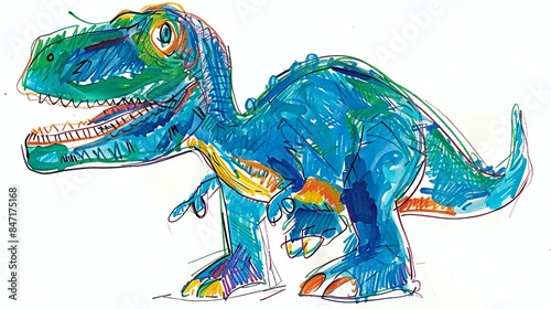 A colorful drawing of a Tyrannosaurus Rex dinosaur. The dinosaur is blue with green stripes and yellow eyes. photo