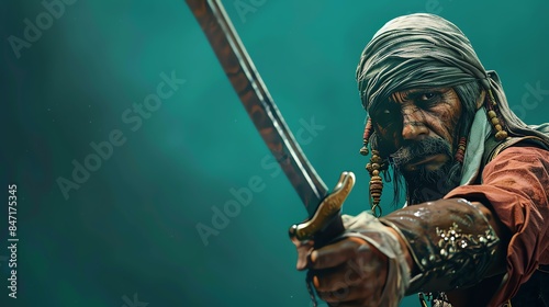 A rugged pirate with a headscarf brandishing a sword against a teal background.