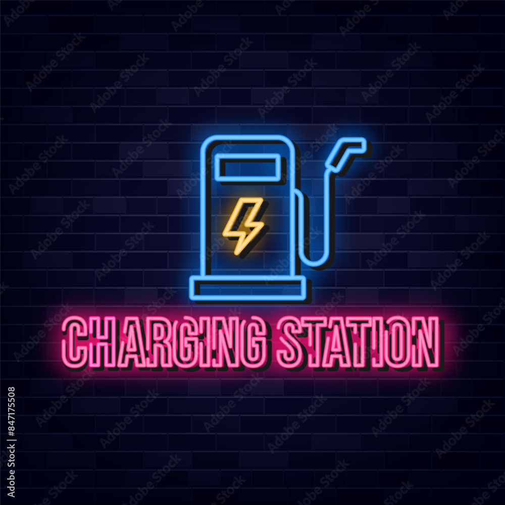 Fototapeta premium Charging Station Neon Sign with Brick Wall Background