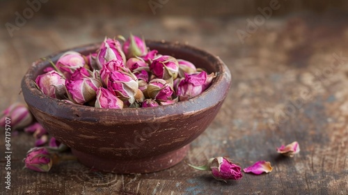 Pink rose buds that have been dried are presented in a rustic brown bowl