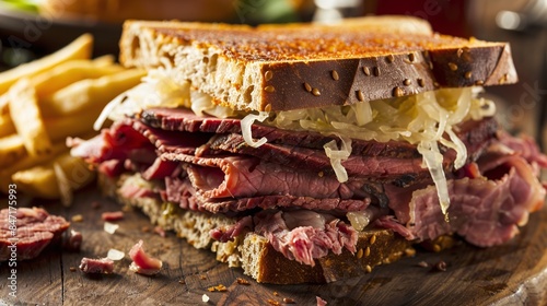 Traditional American sandwich with pastrami, corned beef, Swiss cheese, sauerkraut, thousand island dressing, on grilled rye bread, served with French fries photo