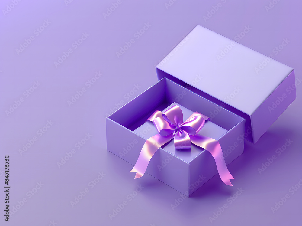 The gift box has a ribbon open on a purple background design with copy space and a glowing light effect. Design elements for Happy Birthday or other events and social media post design The gift box has a ribbon open on a purple background design with copy space and a glowing light effect. Design elements for Happy Birthday or other events and social media post design