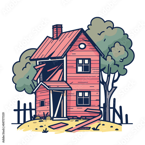 Red abandoned house surrounded nature, broken windows detached door. Handdrawn illustration dilapidated twostory home, cartoon style white. Colorful artwork old rural building, trees