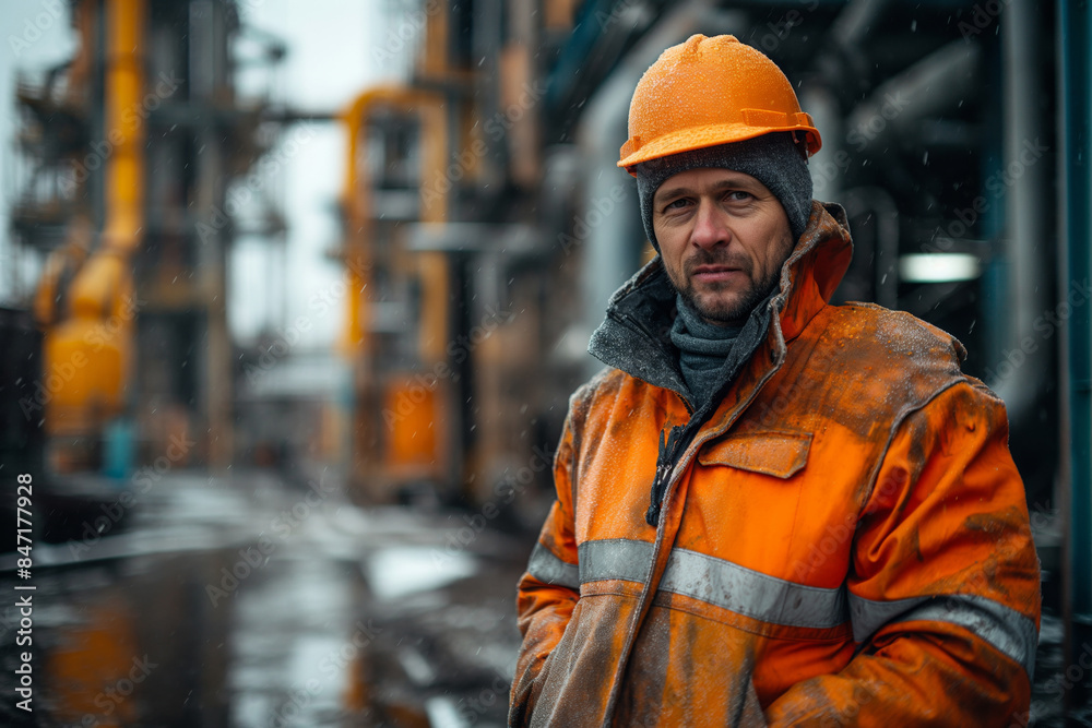 Focused worker in orange safety gear on site Focused worker in orange safety gear on site