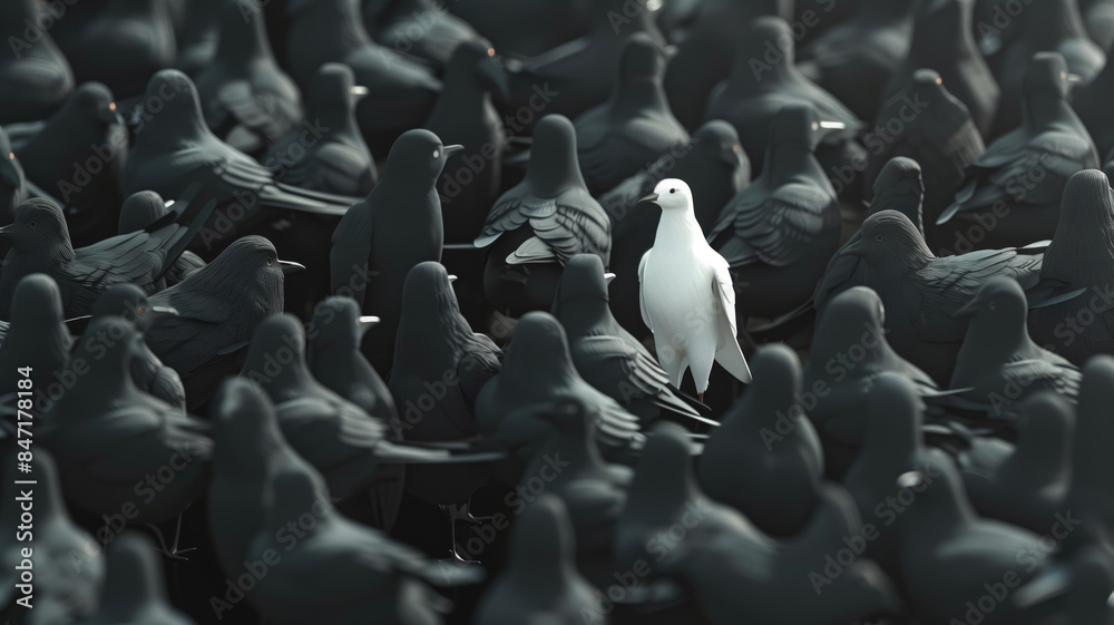 Obraz premium Standing out from the crowd , white bird standing between many gray birds. Generative AI