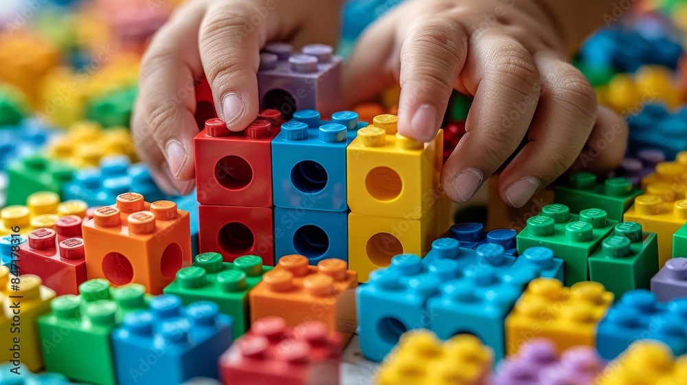 Creative play child s hands engaged with colorful building blocks in close up view Creative play child s hands engaged with colorful building blocks in close up view