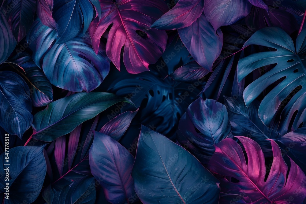 Vibrant Blue And Purple Tropical Leaves In A Lush Arrangement Vibrant Blue And Purple Tropical Leaves In A Lush Arrangement