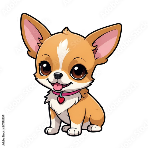 Cute Childish Kawaii Chihuahua Dog Character Sticker Sitting with Head Tilted, Rich Caramel Fur, Round Eyes, Pink Tongue, Red Collar with Tag, Thick Black Outline, Generative AI.