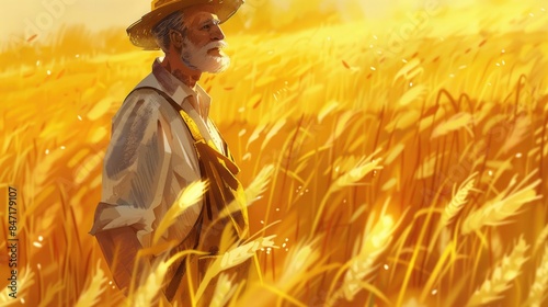 An animated farmer amidst a golden wheat field