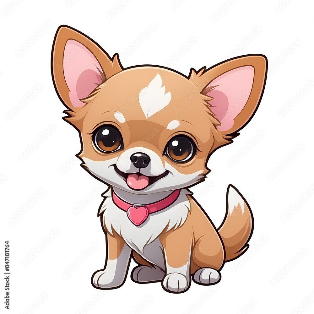 Cute Childish Kawaii Chihuahua Dog Character Sticker Sitting with Head Tilted, Rich Caramel Fur, Round Eyes, Pink Tongue, Red Collar with Tag, Thick Black Outline, Generative AI.