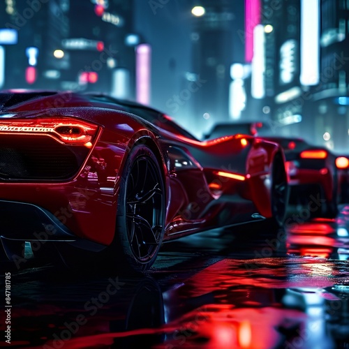 Sports cars lined up under the glow of neon streetlights at night