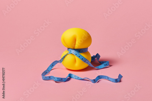 Yellow anti stress tied with blue measuring tape over pink background