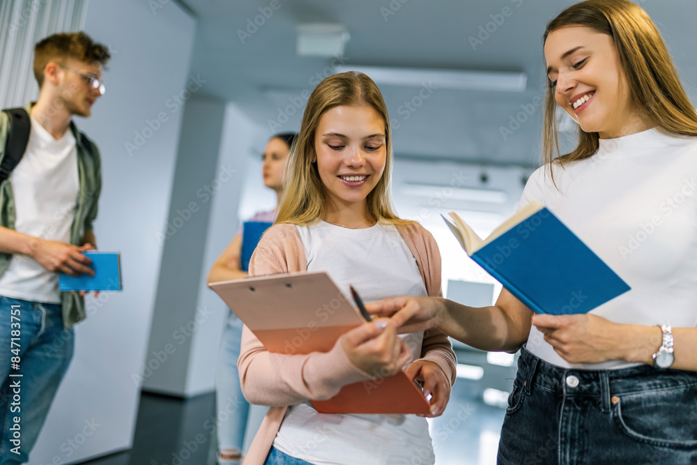 Two best friends, students, walk in the hall of school surrounded with their friends. They talk about the book. Two best friends, students, walk in the hall of school surrounded with their friends. They talk about the book.