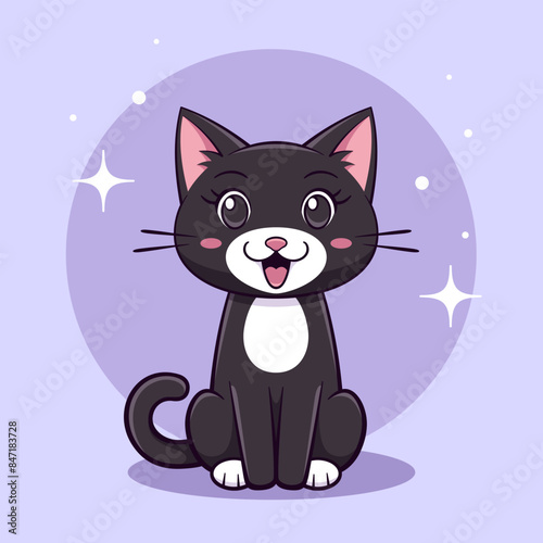 Black smiling cat on blue background. Vector cute animal character.