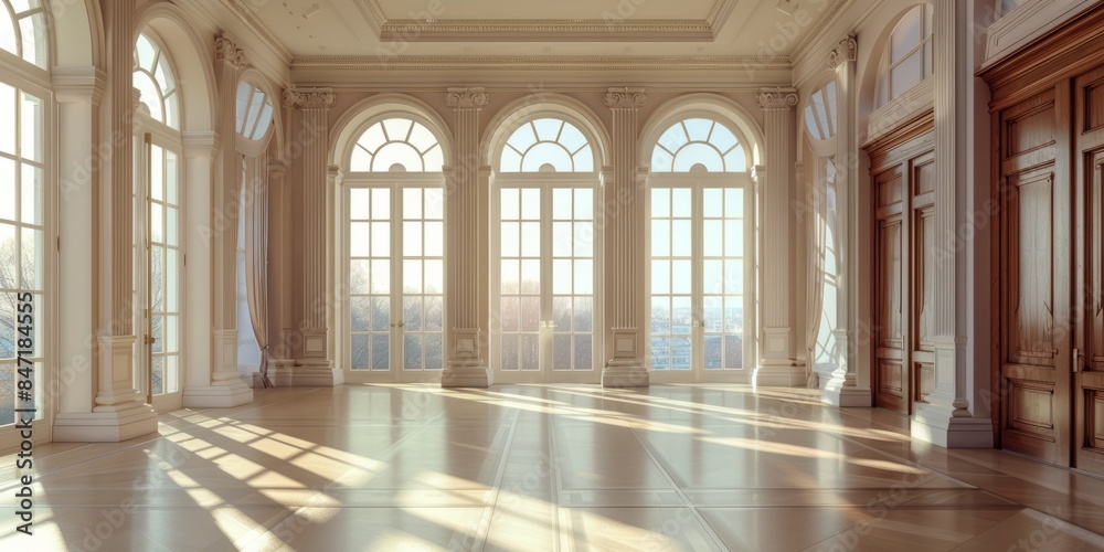 An empty modern room with columns, doors and panoramic windows. The room exudes a sense of grandeur and openness, with natural light streaming in through a large window