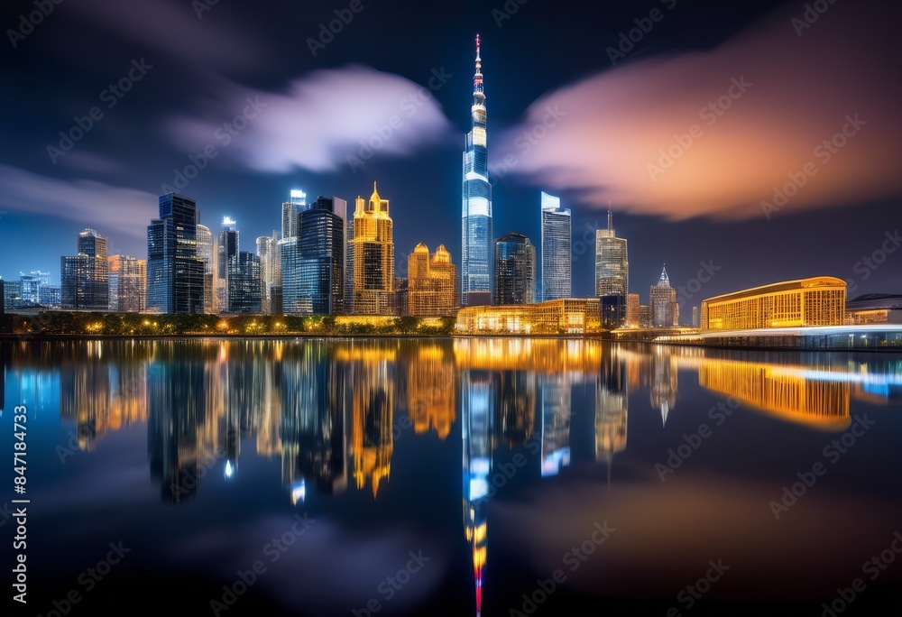 Fototapeta premium urban skyline mirrored calm river surface, cityscape, reflection, tranquil, water, buildings, calmness, city, peaceful, waterside, metropolitan, stillness,