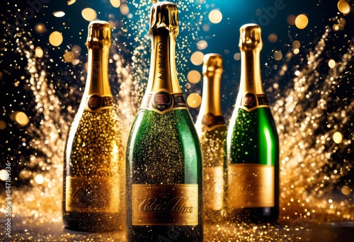 sparkling champagne bottles popping glittering backdrops, celebration, party, alcohol, luxury, elegant, golden, silver, bright, colorful, vibrant, bubbles,
