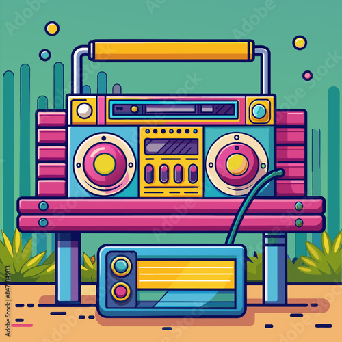 A colorful boombox sits on a bench next to a small radio. The scene is set in a lush green field, with a bright blue sky overhead. The boombox and radio are the main focus of the image