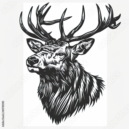 A black and white drawing of a deer 's head with antlers