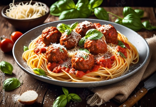 delicious spaghetti meatballs dish classic plate, food, meal, italian, cuisine, savory, traditional, pasta, tomato, sauce, herbs, minced, beef, round, shape, dinner