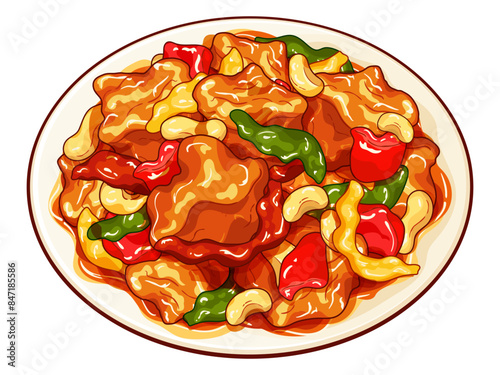 Sweet and sour Pork stir fry with bell pepper. Pork stir fry sweet and sour illustration vector. Chinese sweet and sour Pork recipe. Thai sweet and sour Pork. Stir fried beef with cashew nuts.