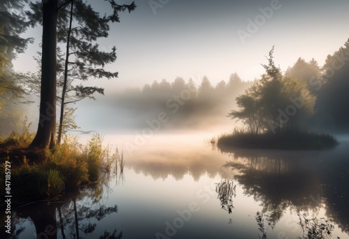 mystical fog above woodland pond early morning light, mist, forest, lake, dawn, nature, tranquil, serene, reflection, water, trees, calm, peaceful, beauty