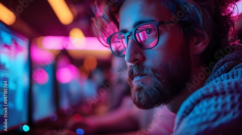 A man with glasses is looking at a computer screen. The image has a moody and intense feel to it, as if the man is deeply focused on his work.AI generated.