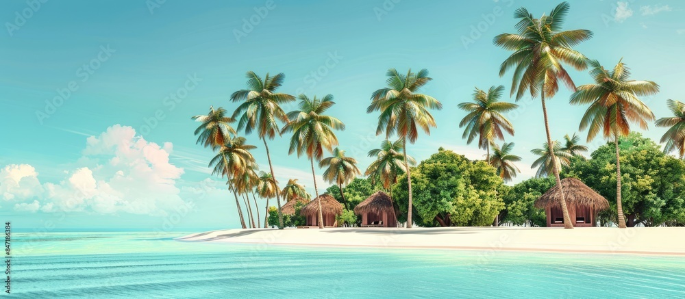 Beach resort surrounded by palm trees. Space for text.