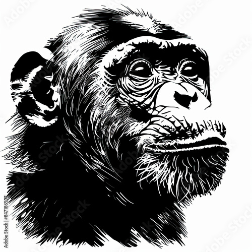 A black and white drawing of a chimpanzee 's face photo