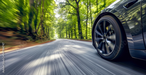 Car driving on a forest road. Motion blur of a car driving through a lush green forest, focusing on the wheel and the road © Denniro