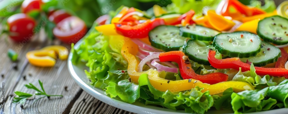 Fresh Salad with Peppers, Cucumber, and Lettuce on Wooden Table Fresh Salad with Peppers, Cucumber, and Lettuce on Wooden Table