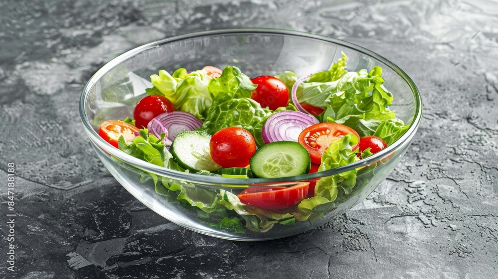 Fresh Salad with Tomatoes, Cucumber, and Onion in Glass Bowl on Gray Background Fresh Salad with Tomatoes, Cucumber, and Onion in Glass Bowl on Gray Background