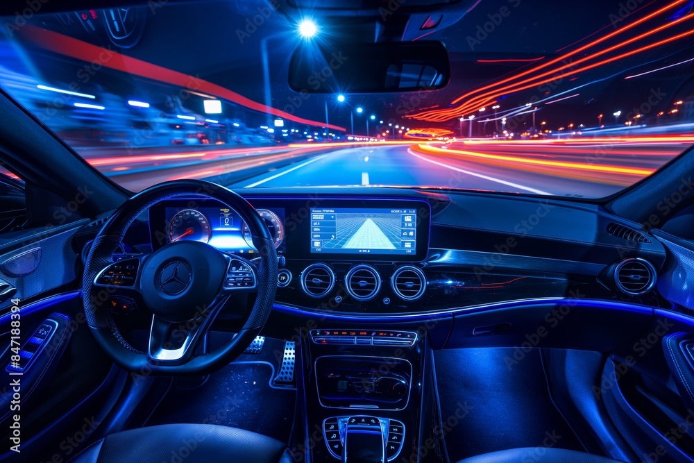 Vehicle dashboard and light trails at night Vehicle dashboard and light trails at night