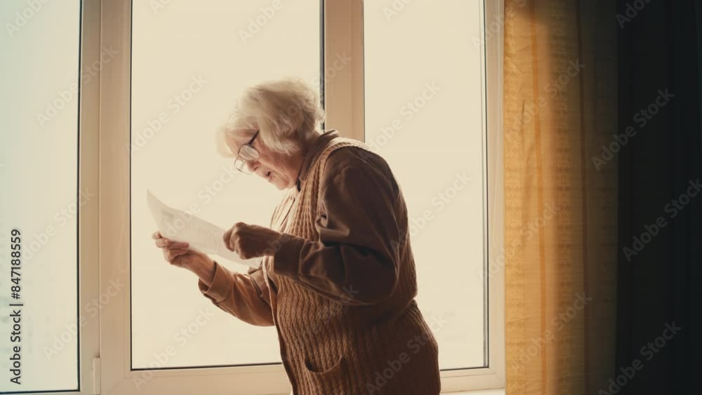Elderly lady reading energy bill letter near window, shocked with high costs