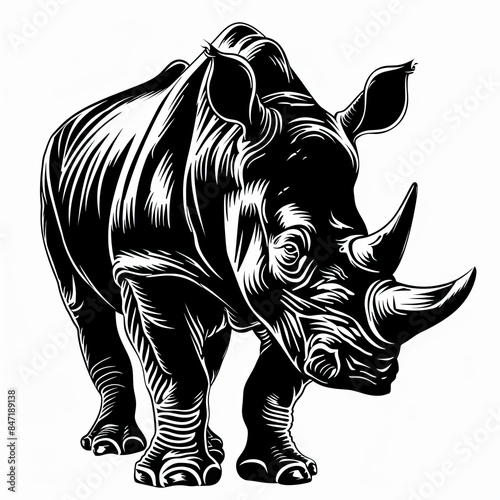 A black and white drawing of a rhinoceros on a white background © DanieleBennati