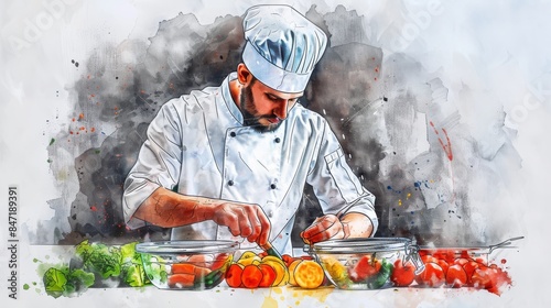 A chef isQie Ding Shu Cai  preparing a meal in a commercial kitchen. photo